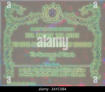 Eine elegante Einladung zu einem Staatsempfang mit einem königlichen Emblem an der Spitze. Der Text hebt die Versammlung zu Ehren Ihrer Majestät der Königin und seiner Königlichen Hoheit des Herzogs von Edinburgh hervor, organisiert von der Regierung von Victoria für den Abend des 8. März 1954. Einladung - Staatsempfang, Königin Elizabeth II. & Der Herzog von Edinburgh, Melbourne, 8. März 1954, Einladung an Herrn G Scholes, an einem Abendempfang für Königin Elizabeth II. Und HRH dem Herzog von Edinburgh in den Ausstellungsgebäuden am Montag, 8. März 1954 teilzunehmen. Prinzessin Elizabeth war 1952 auf dem Weg nach Australien Stockfoto