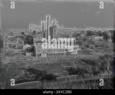 Ein Industriekomplex steht vor einem fernen Horizont, der durch seine hohen Strukturen und eine Mischung verschiedener Gebäude gekennzeichnet ist, die alle in einer zerklüfteten Landschaft liegen. Die Szene vermittelt ein Gefühl der Einsamkeit und der dauerhaften Präsenz menschlicher Entwicklung in einer weitläufigen Umgebung., Glasnegativ, Abbotsford Plant von jenseits des Yarra River, um die 1940er Jahre, Schwarz-weiß, Glasplatten-negativ der Kodak Australasia Pty Ltd Fabrik in Abbotsford, schräg Blick von jenseits des Yarra River. Es zeigt verschiedene Lagerhäuser und Nebengebäude sowie eine Müllstelle am oberen Ufer von Stockfoto