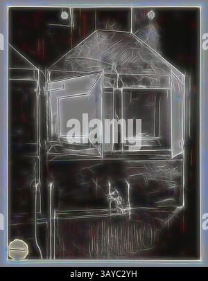 Eine stilisierte Darstellung einer Gebäudefassade mit charakteristischen geometrischen Fenstern, hervorgehoben durch komplizierte Linien, die ein Gefühl von Tiefe und Textur vermitteln. Die Szene vermittelt eine Atmosphäre der Abstraktion und des Geheimnisses, mit weichen, leuchtenden Kanten um architektonische Elemente., Foto, Metal Dissolve Cabinet, Silver Nitrat Dept, Abbotsford, um die 1940er Jahre, Schwarz-weiß-Foto mit einem Metallschrank in der Kodak Australasia Pty Ltd Fabrik in Abbotsford. Das Bild ist die Nummer 1 in einer Serie, die die Abteilung und Ausrüstung für Silbernitrat zeigt. Sammlung von Produkten, Werbeaktion Stockfoto