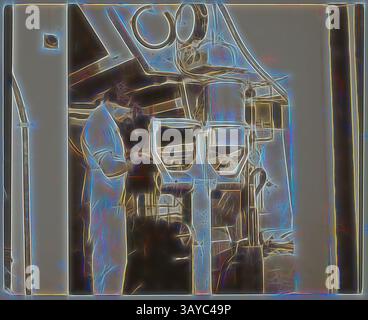 Eine Figur in einem Labormantel steht in der Nähe komplizierter medizinischer Geräte, umgeben von einer futuristischen Umgebung. Die Szene vermittelt ein Gefühl von Innovation und Präzision und hebt die Schnittstelle von Technologie und Gesundheitswesen hervor., Foto, Worker with Machinery, Abbotsford, 1946, einfarbiges Foto eines Fabrikarbeiters von Kodak Australasia Pty Ltd. in weißen Overalls, der an einer Maschine steht. Dieses Bild wurde in einem von Kodak produzierten Album mit dem Titel Emulsion Department: Production and Experimental verstaut. Es gehörte Ian „Charlie“ Yelland, der für die Kodak Australasia Emulsion Department für arbeitete Stockfoto