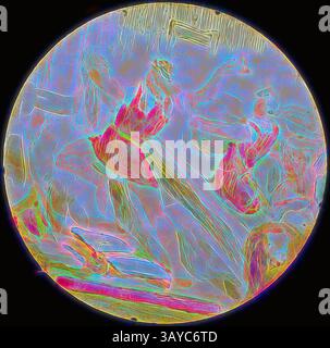 Eine lebendige kreisförmige Szene fängt Tänzer in dynamischen Posen ein, ihre Bewegungen strahlen Energie und Rhythmus aus, und ein Anstoß von bunten Linien und Mustern unterstreicht die lebendige Atmosphäre. Die Kulisse ist mit abstrakten Formen gefüllt, die der Vorstellung Tiefe und Textur verleihen., Lantern Slide - The Holy war, „Barricading Oar Gate“, 1850-1910, gemalte Laterne Slide, die Männer beim Barrikaden des Tores zeigt. Eine von 12 gedruckten Laternen-Folien, die die Geschichte des Heiligen Krieges darstellen, die ursprünglich 1682 von John Bunyan geschrieben wurde. Zusammen in einer Holzkiste. Die Sammlung enthält fotografische, gedruckte und handschriftliche Bilder Stockfoto