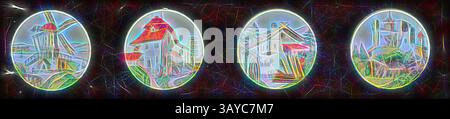 Eine Serie von vier kreisförmigen Illustrationen mit stilisierten Darstellungen verschiedener architektonischer Strukturen, die jeweils von einer lebendigen, farbenfrohen Aura umgeben sind. Die Entwürfe heben einzigartige Dächer und komplizierte Details hervor und schaffen eine skurrile und ätherische Atmosphäre., Lantern Slide - Miniature Panorama Format Multiple Image, Buildings, ca. 1860-1920, Alternative Name(n): Children's Slide; Panorama Magic Lantern Slide diese Laterne Slide-Serie ist Teil der Francis Collection von präkinematischen Apparaten und Ephemeren der australischen und viktorianischen Regierung im Jahr 1975. Mitbegründer des Museums der Stockfoto