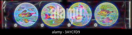 Eine lebendige, abstrakte Darstellung von vier kreisförmigen Szenen mit verschiedenen Fischen, die in wirbelnden Linien schwimmen, jede mit unterschiedlichen Farben und Mustern, die Bewegung und Unterwasserleben hervorrufen., Lantern Slide - Miniatur Panorama Format Multiple Image, Meerestiere, um 1860-1920, Alternative Name(n): Kinderfolie; Panorama Magic Lantern Slide diese Laternenrutsche ist eine von einer Reihe von Folien, die verschiedene Arten von Meereslebewesen darstellen. Diese Laternen-Slide-Serie ist Teil der Francis Collection von präkinematischen Apparaten und Ephemeren der australischen und viktorianischen Regierung im Jahr 1975 Stockfoto