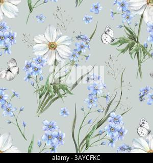 Blaue Vergissmeinnots, weiße Anemonen, Waldgras und Schmetterlinge. Nahtloses botanisches Aquarellmuster in sanftem Stil. Für verschiedene Feiertage und Stockfoto