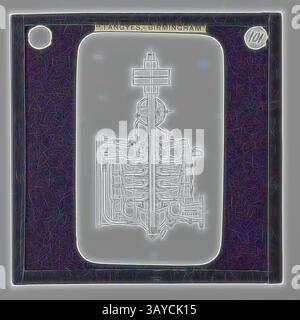 Eine detaillierte Abbildung eines mechanischen Geräts mit einer komplexen Anordnung von Röhren und Messgeräten, eindeutig mit Begriffen wie „SAUG“ und „BELIEVER“ gekennzeichnet, vor dunklem Hintergrund., Lantern Slide - Tangyes Ltd, Pumpdiagramm, ca. 1910, eine von 239 Glaslaternen-Objektträgern, die Produkte darstellen, die von Ingenieuren von Tangyes Limited aus Birmingham, England, hergestellt wurden. Die Bilder umfassen verschiedene Produkte wie Motoren, Kreiselpumpen, Hydraulikpumpen, Gasproduzenten, Materialprüfmaschinen, Pressen, Werkzeugmaschinen, Hydraulikheber usw. Tangyes war ein Unternehmen, das von 1857 bis 1957 operierte Stockfoto