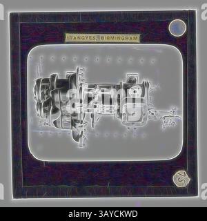 Eine komplizierte Illustration eines frühen mechanischen Geräts mit Zahnrädern und Komponenten, begleitet von einem Etikett, das den Ursprung in Birmingham angibt. Das Design betont die Handwerkskunst und Technik seiner Zeit. Lantern Slide - Tangyes Ltd, Special Steam Pump, um 1910, eine von 239 Glaslaternen-Folien, die Produkte darstellen, die von Ingenieuren von Tangyes Limited aus Birmingham, England hergestellt wurden. Die Bilder umfassen verschiedene Produkte wie Motoren, Kreiselpumpen, Hydraulikpumpen, Gasproduzenten, Materialprüfmaschinen, Pressen, Werkzeugmaschinen, Hydraulikheber usw. Tangyes war eine Firma Stockfoto