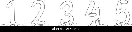 Durchgehende einzeilige Zeichnung von Zahlen von 1 bis 5. Stilvolle und minimalistische Vektorillustration, die Zählen, Mathematik, Bildung und repräsentiert Stock Vektor