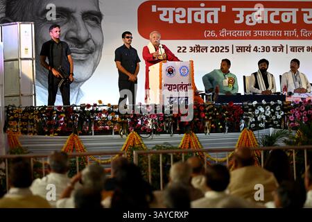 Neu-Delhi, Indien. April 2025. NEW DELHI, INDIEN - 22. APRIL: RSS-Chef Mohan Bhagwat sprach bei der Einweihung des neuen ABVP-Büros Yashwant am 22. April 2025 in New Delhi, Indien. (Foto: Salman Ali/Hindustan Times/SIPA USA) Credit: SIPA USA/Alamy Live News Stockfoto