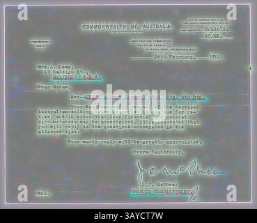 Ein förmliches Schreiben des Commonwealth of Australia vom 24. Februar 1932 an einen Empfänger in Invert. Die Korrespondenz bezieht sich auf eine Angelegenheit, die eine verstorbene Person betrifft, in der auf einen Antrag verwiesen wird und eine Antwort auf die beigefügten Einzelheiten angefordert wird. Das Schreiben wird vom stellvertretenden Kommissar J. McPhee., Brief - Commonwealth of Australian Repatriation Commission an Frau A. Kemp, war Pension, 24. Februar 1932, Brief über die materiellen Umstände von Annie Josephine Kemp, Witwe von Pte Albert Edward Kemp, der während des Ersten Weltkriegs in Frankreich und Belgien diente und in dem getötet wurde, unterzeichnet Stockfoto