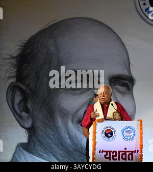 Neu-Delhi, Indien. April 2025. NEW DELHI, INDIEN - 22. APRIL: RSS-Chef Mohan Bhagwat sprach bei der Einweihung des neuen ABVP-Büros Yashwant am 22. April 2025 in New Delhi, Indien. (Foto: Salman Ali/Hindustan Times/SIPA USA) Credit: SIPA USA/Alamy Live News Stockfoto