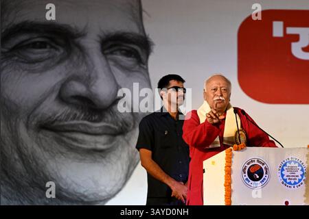 Neu-Delhi, Indien. April 2025. NEW DELHI, INDIEN - 22. APRIL: RSS-Chef Mohan Bhagwat sprach bei der Einweihung des neuen ABVP-Büros Yashwant am 22. April 2025 in New Delhi, Indien. (Foto: Salman Ali/Hindustan Times/SIPA USA) Credit: SIPA USA/Alamy Live News Stockfoto