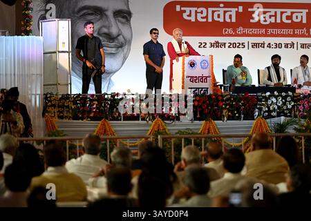 Neu-Delhi, Indien. April 2025. NEW DELHI, INDIEN - 22. APRIL: RSS-Chef Mohan Bhagwat sprach bei der Einweihung des neuen ABVP-Büros Yashwant am 22. April 2025 in New Delhi, Indien. (Foto: Salman Ali/Hindustan Times/SIPA USA) Credit: SIPA USA/Alamy Live News Stockfoto