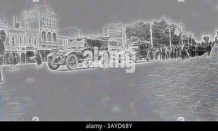 Eine Reihe von Oldtimern führt entlang einer Straße, die von eleganten Gebäuden umgeben ist, die einen Sinn für Geschichte wecken. Die Szene ist von ätherischer Qualität durchzogen, was ihr eine traumhafte Atmosphäre verleiht. Negativ - zwei dekorierte Autos in der Labour Day Prozession, Ballarat, Victoria, 1920-1930, negativ einer Labour Day Prozession in Ballarat in den Jahren 1920-1930. Teil einer Sammlung über australische Gewerkschaften und die Achtstour Day Movement. Die Maßnahmen der Steinmetze am 21. April 1856 führten zur Einführung des Acht-Stunden-Tages, wobei die Regierung zustimmte, dass die für öffentliche Arbeiten beschäftigten Arbeiter sollten Stockfoto