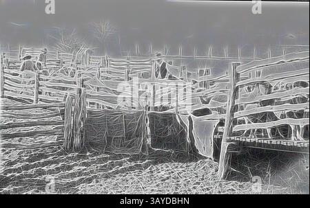 Eine rustikale Szene mit hölzernen Zäunen, die Gehege bilden, mit Vieh im Hintergrund sichtbar. Die Textur und die Linien erinnern an ein Gefühl des ruhigen ländlichen Lebens und betonen die Einfachheit des Lebens auf dem Bauernhof. Negativ: Schafe in den Woolshed auf der Station „Portland Downs“, Isisford District, Queensland, um 1915, Schafe in den Wollschuppen auf der Station „Portland Downs“ zu sammeln. Klassische Kunst mit einem modernen Twist, neu interpretiert von Artotop Stockfoto