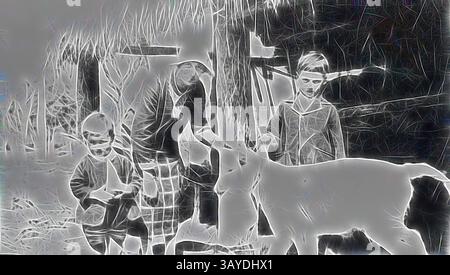 Eine Gruppe von Kindern und ein Erwachsener interagieren mit einer Ziege in der Nähe einer Holzstruktur, umgeben von natürlichen Elementen. Die Szene vermittelt ein Gefühl des ländlichen Lebens und der Verbindung mit Tieren., negativ - Benalla, Victoria, 1927, Edit hGreaves, und ihre Söhne John und Bob, mit einem Kalb, klassische Kunst mit einem modernen Touch, neu interpretiert von Artotop Stockfoto