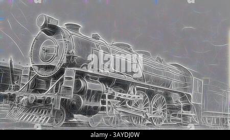 Eine Vintage-Dampflokomotive steht majestätisch und zeigt ihr kompliziertes Design und ihre kraftvolle Präsenz, mit wehendem Rauch und einem Gefühl von Nostalgie., negativ - Jervois, South Australia, 1935, die Dampflok des West-East Express., Klassische Kunst mit einem modernen Touch, neu interpretiert von Artotop Stockfoto