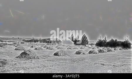 Eine beschauliche Landschaft mit einem Feld mit Heuhaufen, umgeben von einem rustikalen Gebäude und einer Baumgruppe, die alle vor einem sanft verschwommenen Himmel liegen. Die Szene strahlt eine ruhige und leicht ätherische Atmosphäre aus. Negativ - Bo Peep, Victoria, 1935, Stacks of Hey auf der Warriwilla-Station. Die erste Erhaltung von Grasheu auf der Fraser's Farm. Im Hintergrund die Wollhütte und die Schafhöfe. Klassische Kunst mit modernem Touch, neu interpretiert von Artotop Stockfoto