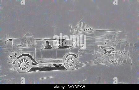 Im Vordergrund steht ein Oldtimer, dessen elegante Linien und komplizierte Details hervorgehoben werden, während ein verwittertes, rustikales Gebäude im Hintergrund ein Gefühl von Nostalgie und Geschichte vermittelt. Im Fahrzeug ist eine Figur zu sehen, die zur Intrige der Szene beiträgt. Negativ - Mittyack, Victoria, 1928, Ein Auto, das einen Wagen zieht, der einen Wassertank trägt. Sie sammeln Wasser. Im Hintergrund befindet sich ein großes Holzgebäude, klassische Kunst mit einem modernen Touch, der von Artotop neu gestaltet wurde Stockfoto