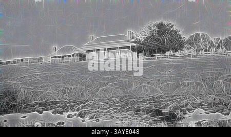 Ein rustikales Bauernhaus steht vor einer weitläufigen Landschaft, umgeben von hohem Gras und einem einsamen Baum, was eine ruhige ländliche Szene schafft., negativ - Glengower, Victoria, 1936, Ein Bauernhaus. klassische Kunst mit modernem Touch, neu interpretiert von Artotop Stockfoto