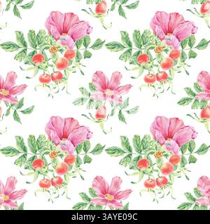 Rosa wilde Rose nahtloses Muster mit Blume, Beere, Blatt Aquarellillustration auf weiß. Hagebuttenblüten, Beeren drucken handgezeichnete botanische Skizze Stockfoto