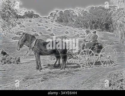 Ein Pferd steht geduldig neben einer Kutsche, während eine Person auf dem Fahrersitz sitzt, umgeben von sanften Hügeln und Laub im Hintergrund. Die Szene fängt einen Moment der Ruhe in einer pastoralen Umgebung ein. Negativ - New South Wales, um 1900, Ein gut gekleidetes Paar in Pferd und Kutsche in sandhills an der Station „Warrakoo“. Der Darling River ist auf der rechten Seite zu sehen. Klassische Kunst mit einem modernen Touch, der von Artotop neu gestaltet wurde Stockfoto