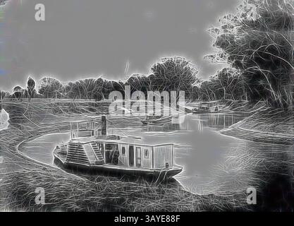 Eine ruhige Szene mit einem Boot, das an einem gewundenen Fluss liegt, umgeben von üppigen Bäumen und sanften, sanften Landschaften, die eine ruhige und friedliche Atmosphäre schaffen. Negativ - Wentworth District, New South Wales, um 1905, die Raddampfer „Excelsior“ und „Barwon“ sammeln Wollballen von der Station „Balcatherine“ am Darling River. Klassische Kunst mit einem modernen Twist, neu erfunden von Artotop Stockfoto