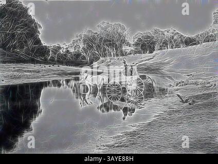 Eine ruhige Landschaft zeigt einen Pferdewagen an einem ruhigen Gewässer, mit Bäumen, die die Szene umrahmen und sich sanft in der stillen Oberfläche spiegeln. Die Atmosphäre ist friedlich und ruft ein Gefühl von Nostalgie und Verbindung zur Natur hervor. Negativ - Wentworth District, New South Wales, um 1915, zwei Männer, die den Darling River mit einem Pferd und einer Kutsche überqueren. Sie befinden sich auf der Station 'Balcatherine', klassische Kunst mit einem modernen Touch, der von Artotop neu gestaltet wurde Stockfoto