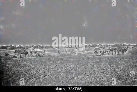 Eine ruhige Landschaft mit zwei Pferden und einem Pferdewagen inmitten von sanften Hügeln und offenen Feldern, die ein Gefühl von zeitloser Ruhe ausstrahlen. Negativ - Wentworth District, New South Wales, um 1905, trocknende Wollballen, die von der versunkenen Barke „Florence Annie“ geborgen wurden. Die Ballen wurden auf dem Boden platziert und es gibt zwei Pferdewagen. Das Hotel ist 'Balcatherine' Station., klassische Kunst mit einem modernen Touch, der von Artotop neu gestaltet wurde Stockfoto