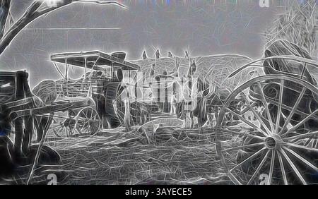 Eine Vintage-Szene mit einem rustikalen Wagen umgeben von stilisierten Bäumen und Wagenrädern, die ein Gefühl der Nostalgie für eine einfachere Zeit im pastoralen Leben weckt. Die Landschaft ist detailreich, mit Elementen, die sich in eine künstlerische Interpretation der Landschaft einfügen. Negativ - Tarrawingee, Victoria, um 1930, Threshing, angetrieben von einer Dampfmaschine auf der Farm „Wyadra“. Vier Männer stehen auf einem Heuhaufen im Hintergrund und ein Buggy auf der rechten Seite. Klassische Kunst mit einem modernen Twist, neu interpretiert von Artotop Stockfoto