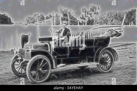 Ein elegant gestaltetes Auto aus dem frühen 20. Jahrhundert steht mit einem Fahrer in historischer Kleidung am Steuer und zeigt den Charme einer vergangenen Zeit. Das Fahrzeug ist mit komplizierten Details verziert, die den Geist des Oldtimerverkehrs widerspiegeln. Negativ: Wentworth District, New South Wales, 1911, Ein Mann im Auto. Klassische Kunst mit modernem Touch, neu interpretiert von Artotop Stockfoto