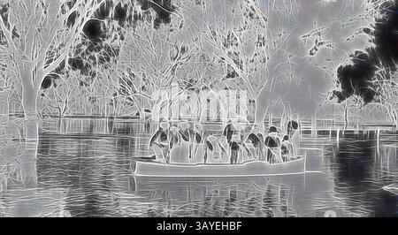 Eine ruhige Szene, die eine Gruppe in einem Boot zeigt, umgeben von Bäumen, die sich auf der Wasseroberfläche spiegeln und eine ruhige und traumhafte Atmosphäre schaffen., negativ - Wentworth District, New South Wales, um 1920, Menschen in einem Boot in den Fluten des Anabranch Creek, Station „Windamingle“., Klassische Kunst mit modernem Twist, neu interpretiert von Artotop Stockfoto