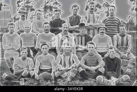 Ein Vintage-Sportteam posiert für ein Gruppenporträt und zeigt ihre Uniformen und Kameradschaft. Die Mitglieder zeigen eine Reihe von Ausdrücken, die ein Gefühl von Teamarbeit und Geist aus einer vergangenen Zeit hervorheben. Negativ - Mirboo, Victoria, vor 1914, The Mirboo Cafe Football Team., Klassische Kunst mit einem modernen Touch, neu interpretiert von Artotop Stockfoto