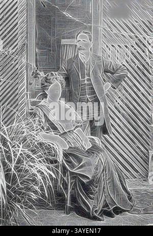 Ein Mann steht selbstbewusst neben einer sitzenden Frau, beide in formellen Kleidern aus einer vergangenen Zeit. Die Szene wird von einer rustikalen Kulisse mit üppigem Laub eingerahmt, das einen sanften Hauch von Natur bietet. Ihre Ausdrucksformen deuten auf einen Moment ruhiger Eleganz hin. Negativ: Melbourne, Victoria, um 1895, Eine Frau, die auf einem Rohrstuhl sitzt, ein Mann steht neben ihr, und es gibt eine Tür, die in einen Bereich führt, der mit einem Gitter hinter ihnen verschlossen ist. Klassische Kunst mit einem modernen Twist, neu interpretiert von Artotop Stockfoto