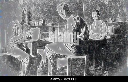 Eine Gruppe von drei Personen sitzt an einem Tisch in gemütlicher Umgebung und führt Gespräche. Eine Person hält einen Teller, während eine andere ein Menü liest. Die Atmosphäre lässt ein zwangloses Dining-Erlebnis mit sanfter Beleuchtung und Fokus auf Verbindung vermuten. Negativ - Victoria, ca. 1925, drei Männer, die in einem Speisesaal essen. Im Hintergrund steht ein Klavier. Ein Mann sitzt auf einer Holzkiste. Klassische Kunst mit einem modernen Twist von Artotop Stockfoto