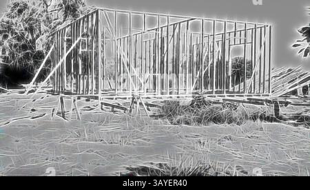 Ein Skelettgerüst eines Gebäudes steht zwischen bewachsenem Gras und Bäumen und zeigt die frühen Bauphasen. Negativ - Tullamore, New South Wales, um 1925, Ein Holzhaus im Bau. Der Rahmen ist vorhanden. Klassische Kunst mit modernem Touch, neu interpretiert von Artotop Stockfoto