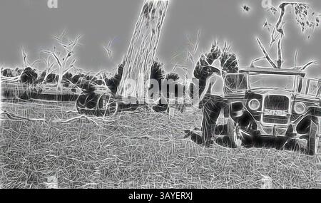 Ein Oldtimer steht inmitten einer gedämpften Landschaft, mit einer Person in der Nähe und hohen Bäumen, die die Szene umrahmen. Die Umgebung vermittelt eine ruhige, nostalgische Atmosphäre, die ein Gefühl von Zeitlosigkeit und Geschichte weckt. Negativ - Chetwynd District, Victoria, 1937, Männer schneiden rote Kaugummis mit einem Deutsch Deuitcher Auto-Logger auf der Glenelg Vale Station. Klassische Kunst mit einem modernen Touch, neu interpretiert von Artotop Stockfoto