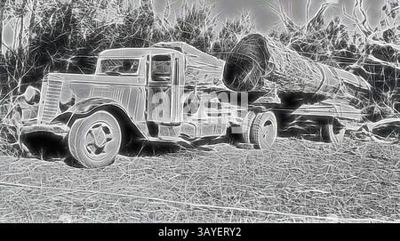 Ein alter Truck mit einem großen Baumstamm liegt vor einer waldreichen Kulisse. Die zerklüfteten Strukturen und Linien betonen das Alter und die natürliche Umgebung. Negativ: Chetwynd District, Victoria, 1937, Rowe's Sawmill in Edenhope. Internationaler Lkw der C-Serie, klassische Kunst mit modernem Touch, neu interpretiert von Artotop Stockfoto
