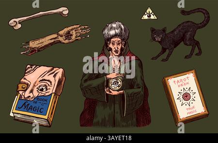 Große Sammlung von Zauberelementen für magische Rituale oder Tarotdeck, Buch, Katzenhänder Hexe mit Stein der Vorhersage. Halloween Hexerei und Hexerei Stock Vektor