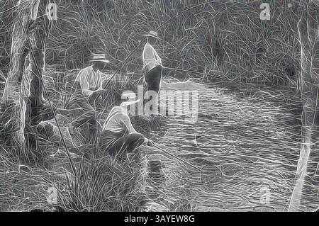 Drei Figuren stehen am Rande eines sanften Baches, die in ruhiger Jagd nach Angeln sind. Umgeben von hohem Gras und Bäumen halten sie jeweils eine Angelrute, die sich auf die Wasseroberfläche konzentriert, während das Licht durch das Laub filtert und eine ruhige Atmosphäre der Natur und Freizeit schafft. Negativ - Angeln in Wartake, Victoria, 1911, drei Männer fischen an einem Fluss. Klassische Kunst mit modernem Touch, neu interpretiert von Artotop Stockfoto