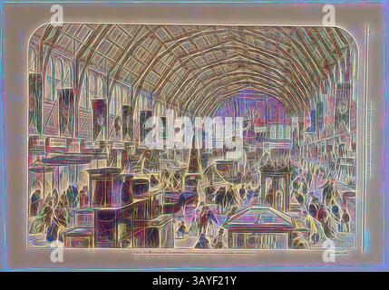 Eine geschäftige Marktplatzszene voller zahlreicher Menschen, die verschiedene Aktivitäten ausüben, umgeben von hoch aufragenden Gebäuden und Ständen. Die komplizierte Architektur über der Decke ist gewölbt, was ein Gefühl von Tiefe und Pracht in der lebendigen Umgebung schafft., Newspaper Page - 'The Intercolonial Exhibition, Melbourne', The Illustrated London News, London, 2. März 1867, Eine Zeitungsseite der Illustrated London News, 2. März 1867, S. 216, mit einer handfarbigen Lithografie, die das Innere der Melbourne Intercolonial Exhibition zeigt, die 1866-67 in der Public Library in Melbourne stattfand Stockfoto