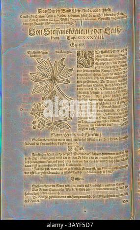 Eine kunstvolle botanische Illustration, begleitet von ausführlichen Texten, die die Merkmale, Verwendungen und den Anbau einer bestimmten Pflanze beschreiben. Das Layout ist mit dekorativen Elementen und stilisierten Schriften versehen, die den historischen Kontext der botanischen Studien betonen., Staff, Steffanskörner, Läuszkraut, Fol. 439v, 1590, Pietro Andrea Mattioli, Joachim Camerarius: Kreuterbuch desz hochgelehrten unnd weitberühmter Herr D. Petri Andreae Matthioli. Franckfort am Mayn: [Feyrabendt], 1590, Klassische Kunst mit einem modernen Twist von Artotop Stockfoto