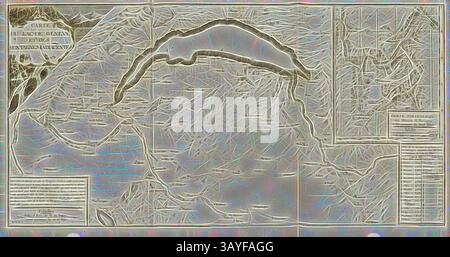 Eine detaillierte historische Karte mit einem See und seinem umliegenden Gelände, mit komplizierten topografischen Merkmalen, beschrifteten Abschnitten und Navigationsdetails. Die kartographischen Elemente heben geografische Sehenswürdigkeiten und regionale Anmerkungen hervor und bieten einen Einblick in das Layout und die Besonderheiten der Region., Karte des Genfer Sees und der angrenzenden Berge, Karte des Genfer Sees und der umliegenden Orte, Kupferstich, S. P. II (Band 1), 1779, Horace-Bénédict de Saussure, Voyages dans les Alpes, précédés d'un essai sur l'histoire naturelle des Environs de Genève. Neuchâtel: Samuel Fauche, 1779–1796, Klassik Stockfoto