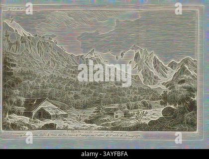 Eine ruhige Berglandschaft mit zerklüfteten Gipfeln und einem ruhigen Tal, ergänzt durch eine malerische Wohnung inmitten der Hügel. Die Szene fängt das Wesen der rauen Schönheit der Natur und das friedliche Zusammenleben des menschlichen Lebens in ihr ein. Mount Rosa aus der Umgebung von Macugnaga gesehen, Landschaft auf Monte Rosa, signiert: Thod., de Saussure, Kupferstich, pl. V, nach S. 594 (Vol. 4), Saussure, Nicolas Théodore (fec.), 1779, Horace-Bénédict de Saussure, Voyages dans les Alpes, précédés d'un essai sur l'histoire naturelle des environs de Genève. Neuchâtel: Samuel Fauche, 1779–1796, Klassische Kunst Stockfoto