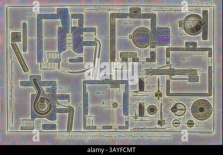 Eine komplizierte Anordnung geometrischer Formen und Linien, die eine Reihe miteinander verbundener Strukturen und Wege darstellt, die möglicherweise ein mechanisches oder architektonisches Design darstellen. Jeder Abschnitt ist mit Anmerkungen versehen, die auf seine Funktion oder seinen Zweck innerhalb eines größeren Systems hinweisen., Hydraulik, Sprinklerpumpe; Pläne und Entwicklungen, Pumpe, Unterzeichnet: Benard Direx, Pl. 1, 2 et 3, nach S. 14, Benard (Richtung), Denis Diderot; M. d'Alembert: Encyclopédie, ou dictionnaire raisonné des Sciences, des Arts et des métierss, des Arts et des métiers. Genève: chez Pellet, MDCCLXXVIII [1778], Klassische Kunst mit Moderne Stockfoto