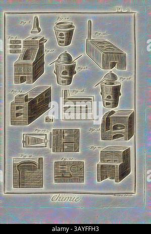 Eine Sammlung von aufwändig gestalteten Laborgeräten und Ausrüstungsskizzen, beschriftet mit Referenznummern, die verschiedene Formen und Funktionen in der Chemie zeigen., Chemie 1, Ofen für Chemielabor, signiert: Benard direx, PL. 2, S. 48, Benard (Richtung), 1778, Denis Diderot; M. d'Alembert: Encyclopédie, ou dictionnaire raisonné des Sciences, des Arts et des métierss, des Arts et des métiers. Genève: chez Pellet, MDCCLXXVIII [1778], Klassische Kunst mit modernem Touch, neu interpretiert von Artotop Stockfoto