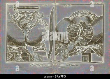 Eine komplizierte Illustration, die eine detaillierte anatomische Studie zeigt, in der der menschliche Körper und chirurgische Instrumente dargestellt werden. Das Kunstwerk betont die Komplexität der menschlichen Anatomie und hebt muskuläre Strukturen und chirurgische Techniken hervor, vor einem Hintergrund, der seine historische Bedeutung erhöht., Chirurgie 12, Perineum und Abdomen nach der Methode von M. Foubert, signiert: Benard direx, PL. 13 und 2. Pl. 13, nach S. 48, Benard (Richtung), 1778, Denis Diderot; M. d'Alembert: Encyclopédie, ou dictionnaire raisonné des Sciences, des Arts et des métierss, des Arts et des métiers. Genf: chez Pellet Stockfoto