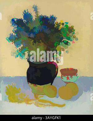 Ein lebendiges Stillleben mit einer auffälligen schwarzen Vase, die von üppigem Grün und farbenfrohem Laub überflutet wird, ergänzt durch eine zart gemusterte Schüssel und frischen Früchten, die elegant auf einem weichen Hintergrund angeordnet sind. Vincent van Gogh: Stillleben (Nature morte), Vincent van Gogh, Mai 1888, Öl auf Leinwand, Van Gogh nannte seine Stillleben-Gemälde oft „Farbstudien“. Insbesondere Blumen, die in verschiedenen Kombinationen angeordnet und gegen gesättigte Farbfelder gesetzt waren, ermöglichten ihm, mit neuen und kräftigen chromatischen Beziehungen zu experimentieren – hier Blau und Gelb. Van Gogh malte diese Leinwand im Mai 1888 Stockfoto