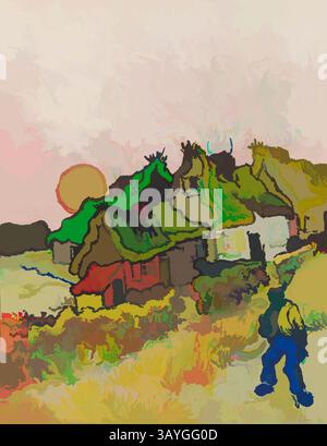 Eine ruhige Landschaft bietet charmante Cottages mit Strohdächern, die vor einem Abenddämmerhimmel liegen, wo die sanfte Sonne untergeht. Eine Figur geht auf einem Pfad entlang und fügt sich harmonisch in die lebendigen, impressionistischen Farben der Landschaft ein. Vincent van Gogh: Houses and Figure, Vincent van Gogh, 1890, Öl auf Leinwand, Van Gogh malte diese Landschaft im letzten Jahr seines Lebens, als er Patient in einer Anstalt in Saint-Remy in der Nähe von Arles war. Da Van Gogh nur wenig Zugang zur Natur hatte, musste er malen, was man aus dem Fenster sehen konnte – oder, wie es hier der Fall ist, was er sich in seinem Kopf vorstellen konnte. Dieses Gemälde ist ein Stockfoto