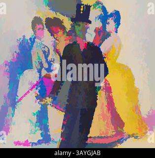 Eine Figur in formeller Kleidung steht selbstbewusst, umgeben von elegant gekleideten Figuren in lebendigen Gewändern, die ein Gefühl von Nostalgie und Feier wecken. Die Szene fängt eine lebendige Atmosphäre ein, in der Farben und Bewegungen in einer stilvollen Darstellung eines geselligen Treffens kombiniert werden. Georges Seurat: Der Mann der Damen (L’Homme à femmes), Georges Seurat, 1890, Öl auf Platte, dieses kleine Ölgemälde war eine Studie für das Cover von L’Homme à femmes, einem Roman des polnischen Schriftstellers Victor Joze aus dem Jahr 1890. Seurat stellt sich die lächerliche Hauptfigur der Geschichte vor. Ein sich schwer kämpfender Schriftsteller, der seine verbringt, anstatt an seinem Schreiben zu arbeiten Stockfoto