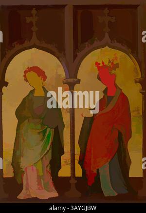 Zwei Figuren stehen nebeneinander, jede in fließenden Kleidern, die ein Gefühl von Anmut und Gelassenheit vermitteln. Eine Figur scheint einen ruhigen Ausdruck zu verkörpern, während die andere, mit einer Krone verziert, einen Hauch von Autorität trägt. Eine Kulisse aus kunstvollen Bögen umrahmt die Szene und verstärkt die Präsenz der Figuren. Dezente Töne und Farbverschiebungen wecken ein Gefühl von Zeitlosigkeit und Ehrfurcht. Deutsch, möglicherweise böhmisch: Zwei weibliche Heilige, unbekannte Künstlerin, Deutsch, möglicherweise böhmisch, 14. Jahrhundert, Öl und Gold auf der Platte, insgesamt 31 3/8 x 23 1/8 Zoll (79,7 x 58,7 cm) Klassische Kunst mit modernem Touch neu interpretiert Stockfoto